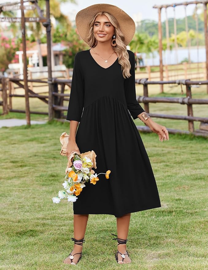 ZEAGOO 3/4 Sleeve Women's Dress Casual Flowy A-Line Midi Tshirt Dresses with Pocket Empire Waist Summer Boho Beach Sundress