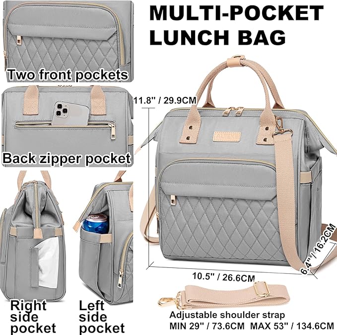 AIJIEKE Lunch Bag for Women, Leakproof & Insulated Work Lunch Tote, Reusable Adult Cooler Bag with Water Bottle Side Pocket & Removable Shoulder Strap, Grey