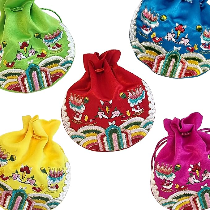 Seoulful Vintage Korean Embroidered Bokjumeoni - Traditional Lucky Pouch - Hanbok Fortune New Year's Gifts Bag (Red)