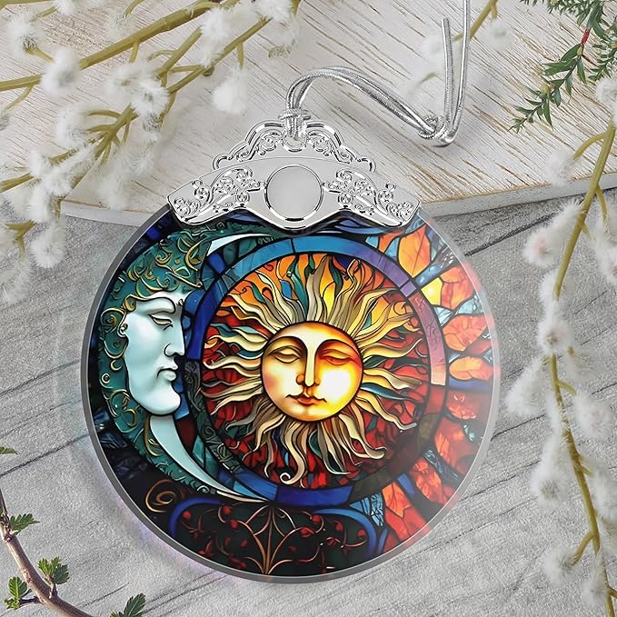 Christmas Ornament, 2025 Ornaments for Christmas Tree, Stained Glass Hanging Ornament, Holiday Ornaments, Unique Gift Idea - Gorgeous Sun and Moon