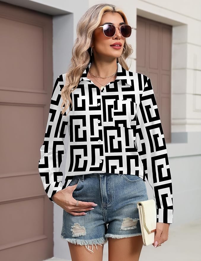 HOTOUCH Button Down Shirts for Women Long Sleeve Blouse Dressy Casual Business Work Tops with Pocket