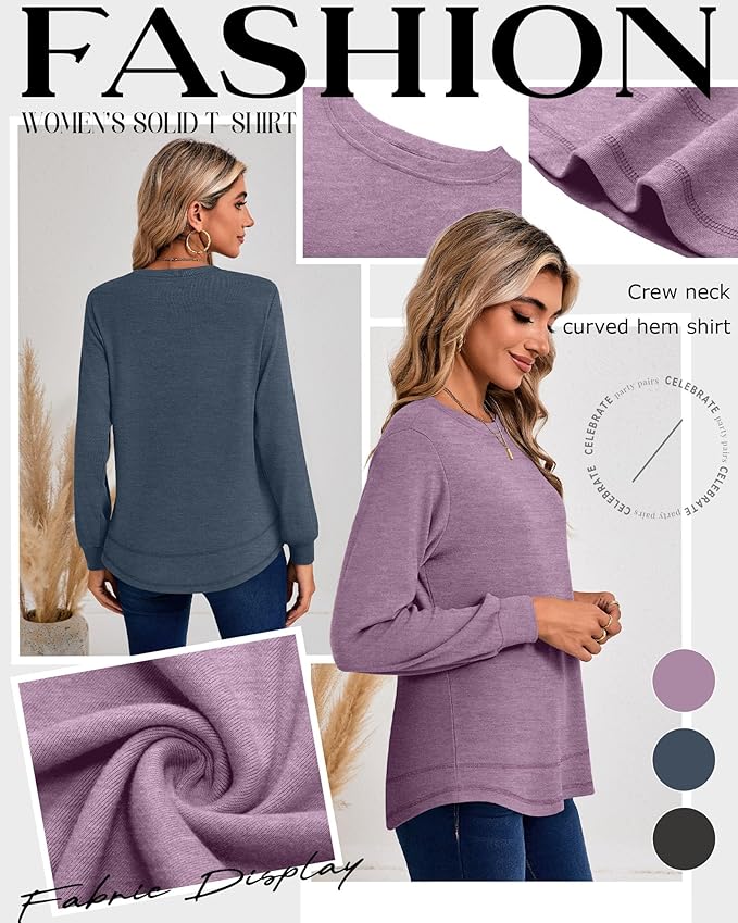 Ficerd 3 Pack Women's Long Sleeve Shirts, Cotton Crew Neck Tunic Tops Casual Loose Fit Pullover Sweatshirts Curved Hem Shirts