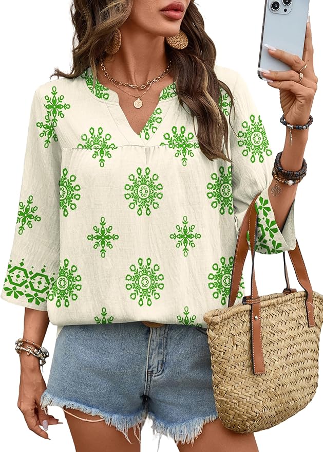 Rapbin Womens 3/4 Sleeve V Neck Floral Print Pleated Blouses for Women Dressy Casual Loose Fit Tops
