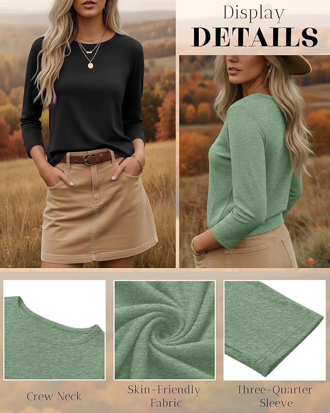 Ficerd 3 Pack 3/4 Sleeve Tops for Women Round Neck Dressy Basics Tees Casual Trendy Loose Fit T Shirts