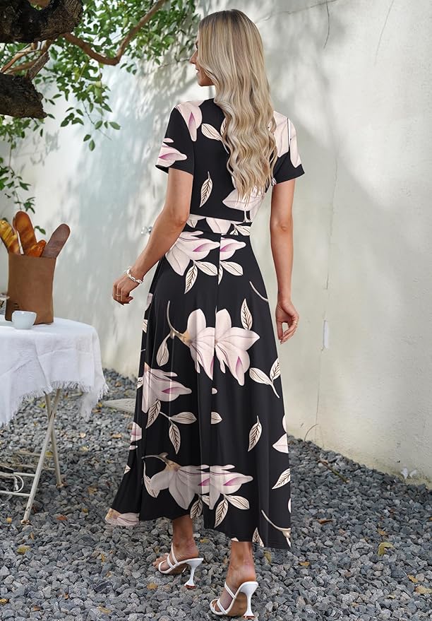 AUSELILY Maxi Dresses for Women Ankle Length Floral Print Beach Long Flowy Dress with Pockets