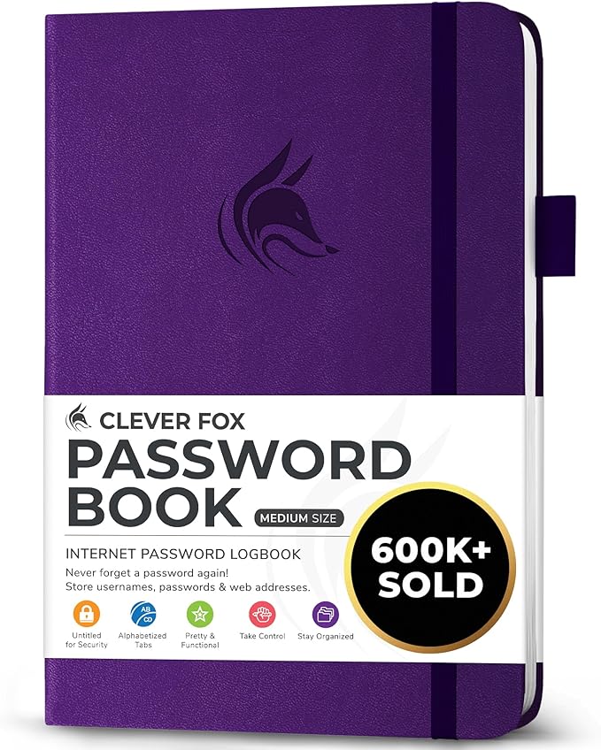 Clever Fox Password Book with alphabetical tabs. Internet Address Organizer Logbook. Medium Password Keeper for Website Logins (Purple)