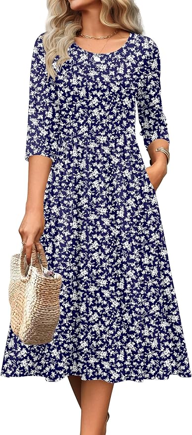 Zeagoo 3/4 Sleeve Women's Dress Casual Flowy A-Line Midi Tshirt Dresses with Pockets Crewneck Vocation Boho Beach Sundress