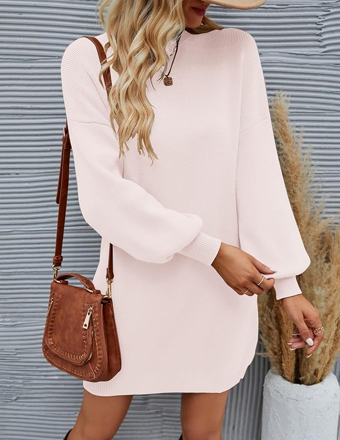 ZESICA Women's 2026 Fall Turtleneck Sweater Dress Oversized Long Lantern Sleeve Casual Knit Pullover Mini Dresses