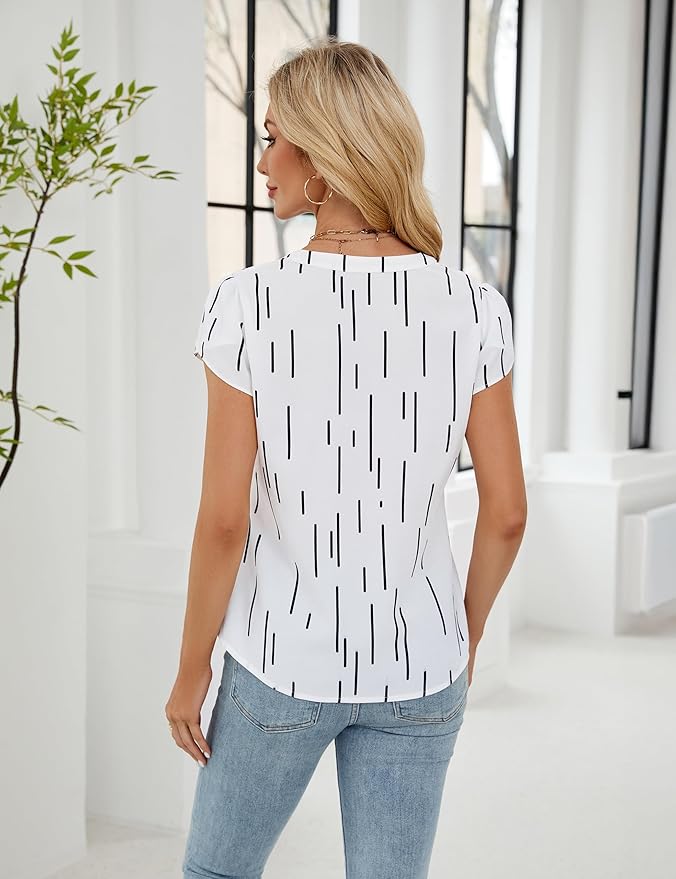 Blooming Jelly Women's Dressy Casual Tops Business Work Blouses White Button Down Shirts Cap Sleeve V Neck Tshirt