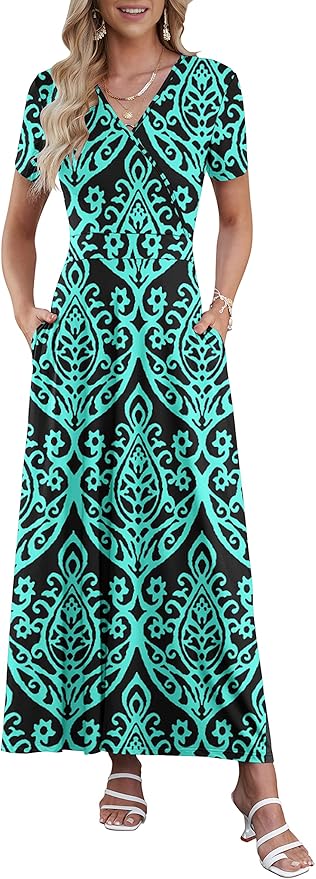 AUSELILY Maxi Dresses for Women Ankle Length Floral Print Beach Long Flowy Dress with Pockets