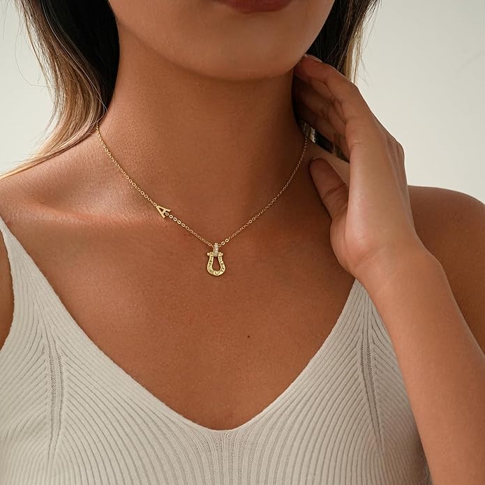ITS4YEO Valentines Day Gifts for Women Hers, Lucky Horseshoe Initial Necklace, Dainty 14K Gold Plated Pendant Necklace, Trendy Hypoallergenic Jewelry, Gifts for Women and Teen Girls