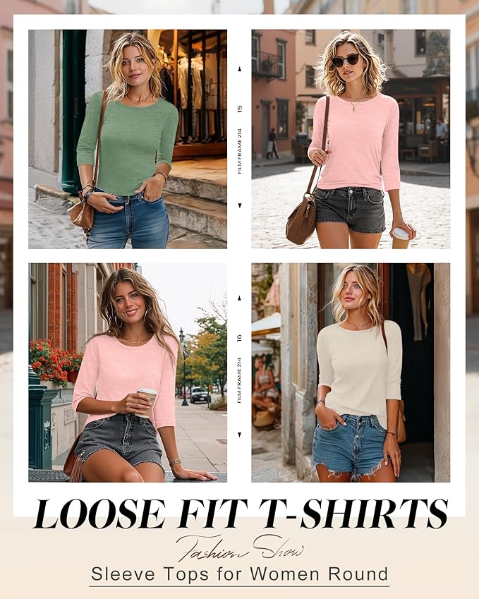 Ficerd 3 Pack 3/4 Sleeve Tops for Women Round Neck Dressy Basics Tees Casual Trendy Loose Fit T Shirts