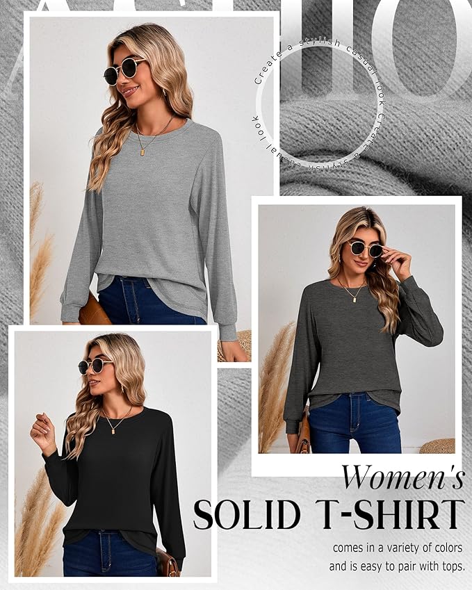Ficerd 3 Pack Women's Long Sleeve Shirts, Cotton Crew Neck Tunic Tops Casual Loose Fit Pullover Sweatshirts Curved Hem Shirts