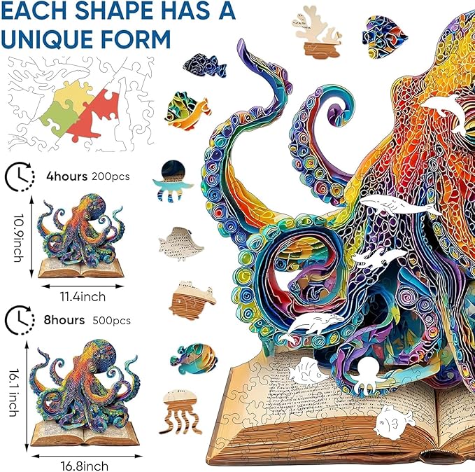 Reouinty Wooden Puzzles for Adults, Octopus Book Jigsaw Puzzles 200 Pieces, Unique Shape Animal Adult Puzzles, Irregular Wood Best Gift for Adults Family Game(11.4 * 10.9 in)