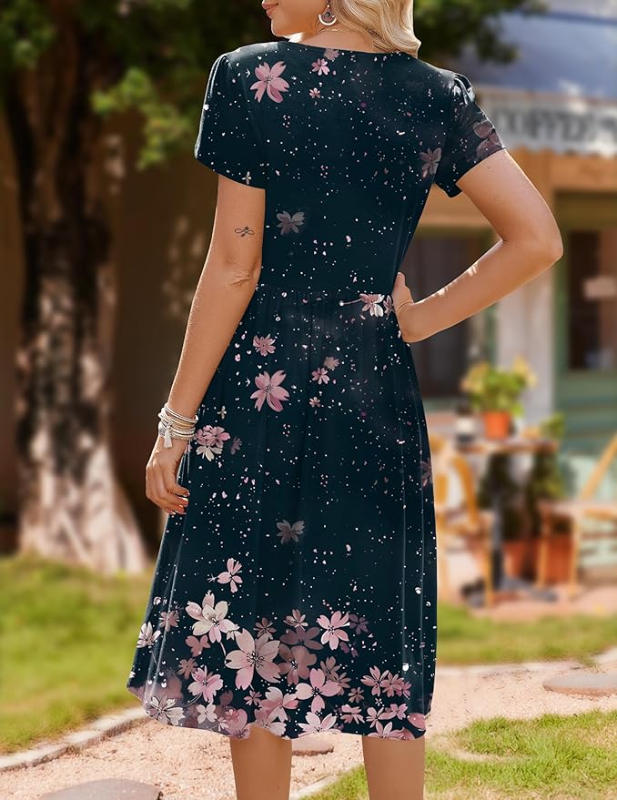 HOTOUCH Women's Summer A-Line Midi Dresses 2026 Casual Floral Short Sleeve T-Shirt Dress Flowy Beach Sundress with Pockets