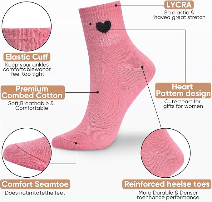Corlap Women's Cute Cotton Crew Athletic Running Socks - Ankle High, Novelty Fun Heart Design 5-Pairs (Gift Box)