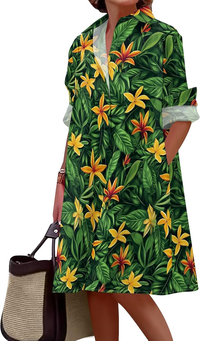 Shirt Dresses for Women 2025 Summer Long Sleeve Casual Plus Size Floral Printed Beach Vacation Dress with Pockets