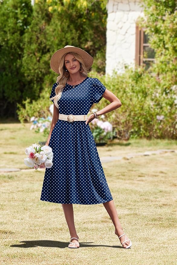 HOTOUCH Women's Summer A-Line Midi Dresses 2026 Casual Floral Short Sleeve T-Shirt Dress Flowy Beach Sundress with Pockets