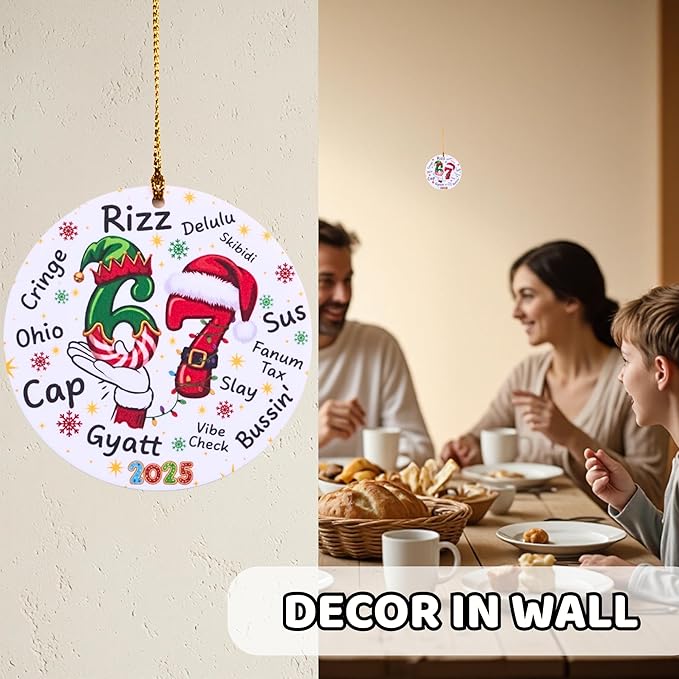 67 Funny Christmas Ornament – 67 Meme Teen Slang Santa Says Six Seven Acrylic Ornament, Rizz Gyatt Skibidi Delulu Sus Holiday Decor, Viral Xmas Gift for Gen Z Teens