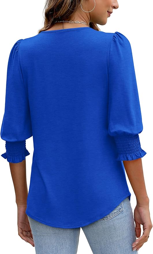 XIEERDUO Blouses for Women Dressy Casual 3/4 Length Sleeve Womens Tops with Smocked Cuffs