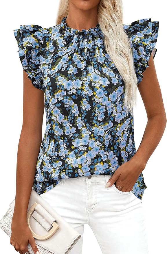 PRETTYGARDEN Women's Ruffle Short Sleeve Summer Tops 2026 Trendy Floral Trim Neck Casual Dressy Chiffon Boho Blouses Shirts