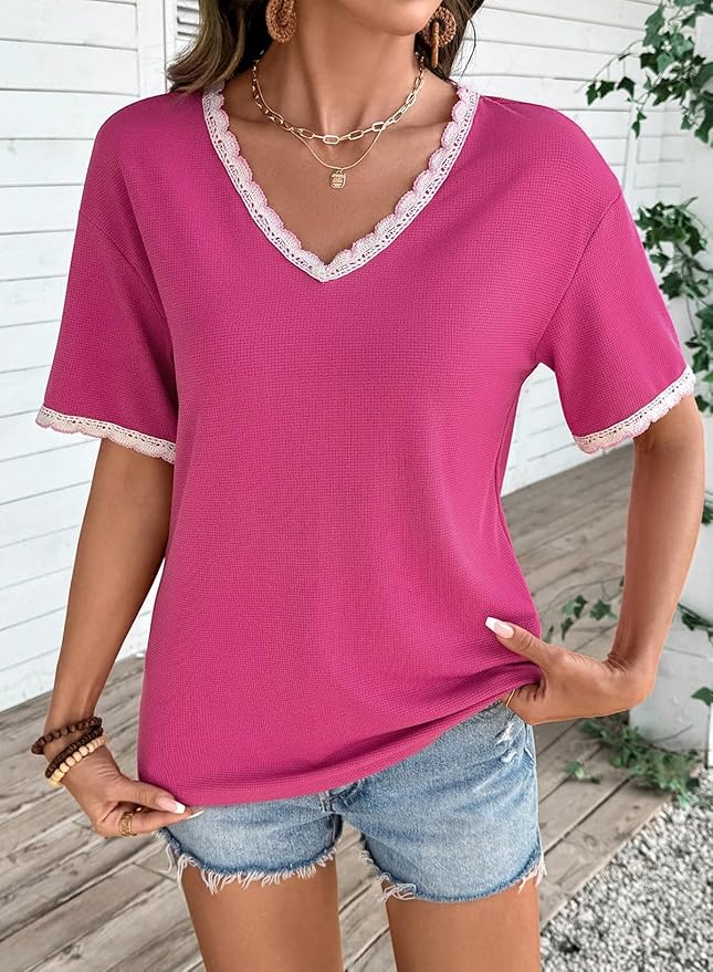 Dokotoo Womens Summer Tops Casual Short Sleeve Lace T-Shirts Solid V Neck Waffle Knit Shirts Blouses