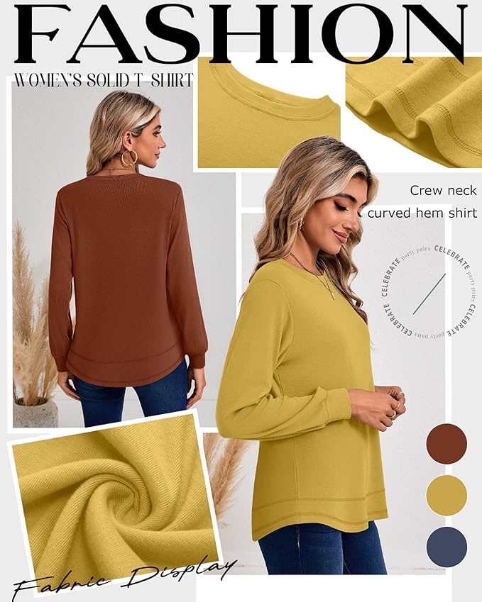 Ficerd 3 Pack Women's Long Sleeve Shirts, Cotton Crew Neck Tunic Tops Casual Loose Fit Pullover Sweatshirts Curved Hem Shirts