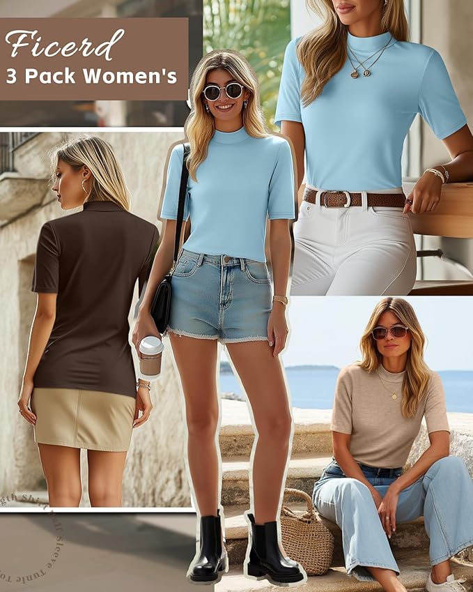 Ficerd 3 Pack Women's 1/2 Sleeve Mock Turtleneck Shirts, Elbow Length Shirt Half Sleeve Tunic Top Casual Summer Basic Tees