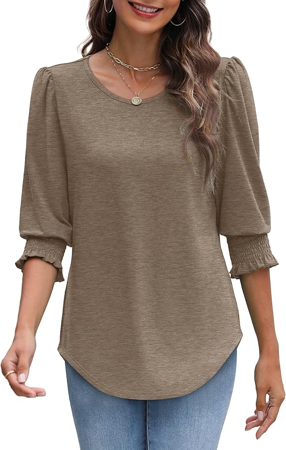 XIEERDUO Blouses for Women Dressy Casual 3/4 Length Sleeve Womens Tops with Smocked Cuffs