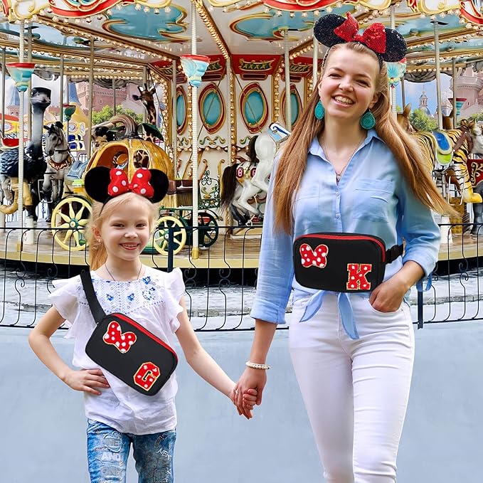Chenille Initial Letter Bow Mouse Fanny Pack, Waterproof Park Crossbody Bag Christmas Birthday Gifts for Teen Girls Daughter Women Kids Adults, Cute Belt Bag Must Haves for Park Travel (K, Black)
