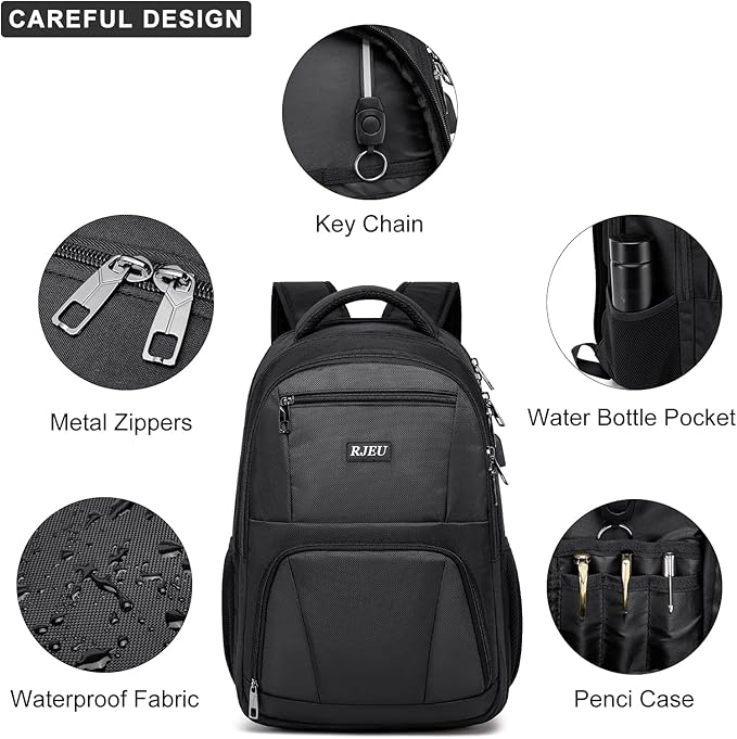RJEU School Backpack for Teen Boys & College Students - 17.3 Inch Laptop Backpack with USB Charging Port, Anti-Theft Water Resistant Large Bookbag for Men, Travel & Work, Black