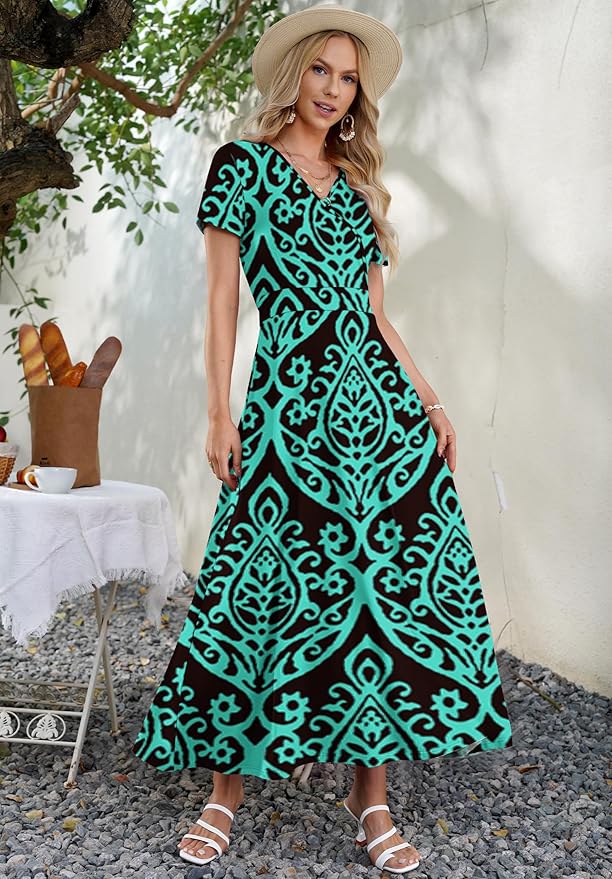 AUSELILY Maxi Dresses for Women Ankle Length Floral Print Beach Long Flowy Dress with Pockets