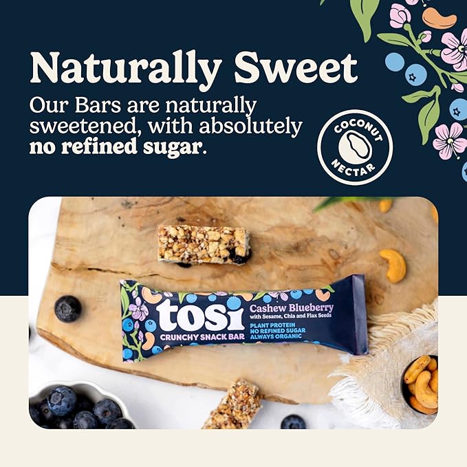 Tosi Nut Bars, Cashew Blueberry, Healthy Snacks for Adults & Kids, Plant Based Crunchy Bars (6G Protein), Organic Keto Snacks, Vegan, Gluten & Soy Free, Low Sugar, Omega 3s, 1oz, 12-Pack