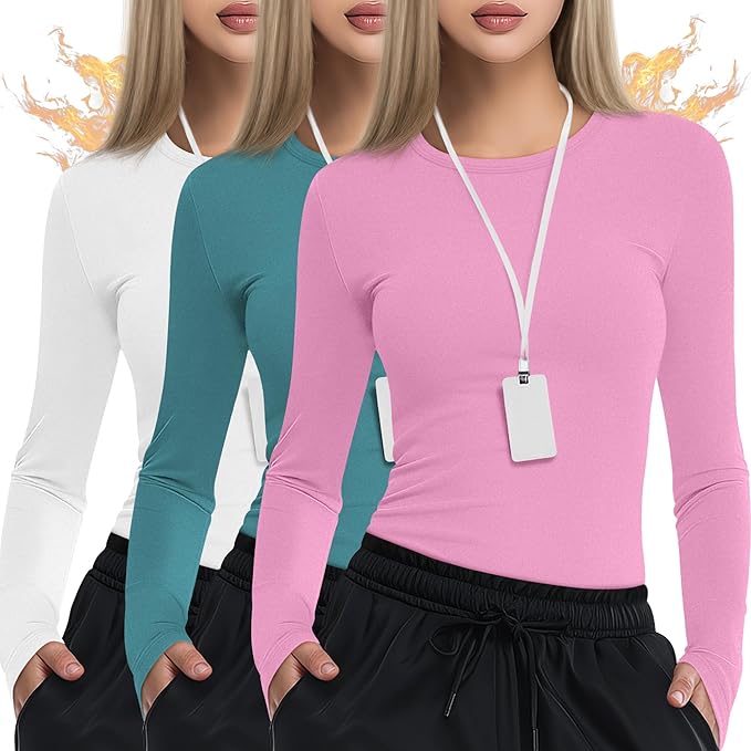 3 Pack Women's Underscrub Shirts Long Sleeve Thermal Scrub Undershirts Nurse Crew Neck Slim Fit Fleece Top Basic Tee