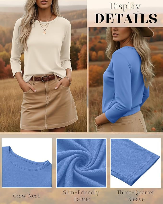 Ficerd 3 Pack 3/4 Sleeve Tops for Women Round Neck Dressy Basics Tees Casual Trendy Loose Fit T Shirts