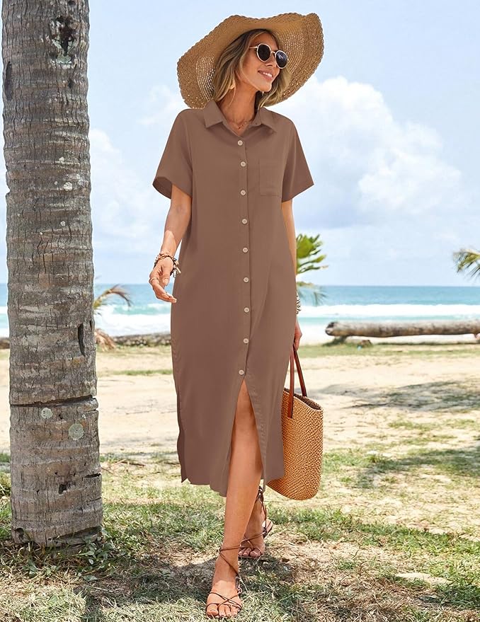 HOTOUCH Womens Dress Summer Casual Midi Short Sleeve Button Down Shirt Dresses Loose Beach Cover Up with Pockets