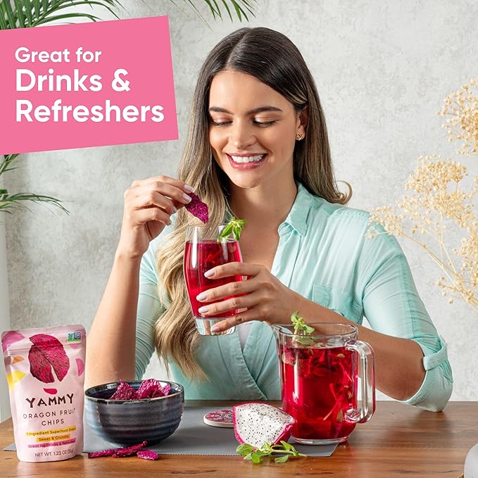Yammy Dried Dragon Fruit Chips for Drinks Refreshers (5.6oz Pack of 4) - Like Freeze Dry Dragonfruit Pieces - 1 Ingredient Healthy Snack for Adults & Kids - 2g Protein, 4g Fiber, Gluten Free Vegan