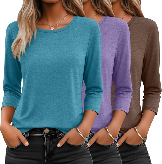 Ficerd 3 Pack 3/4 Sleeve Tops for Women Round Neck Dressy Basics Tees Casual Trendy Loose Fit T Shirts