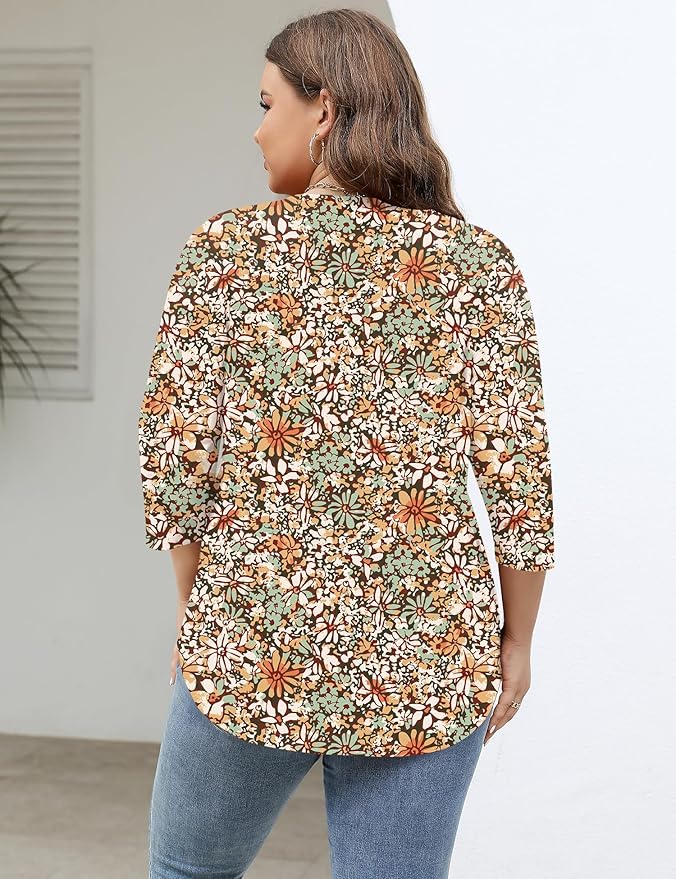 TFSDOD Womens Plus Size Tops V Neck T Shirts 3/4 Sleeve Blouse Summer Casual Tees XL-5X