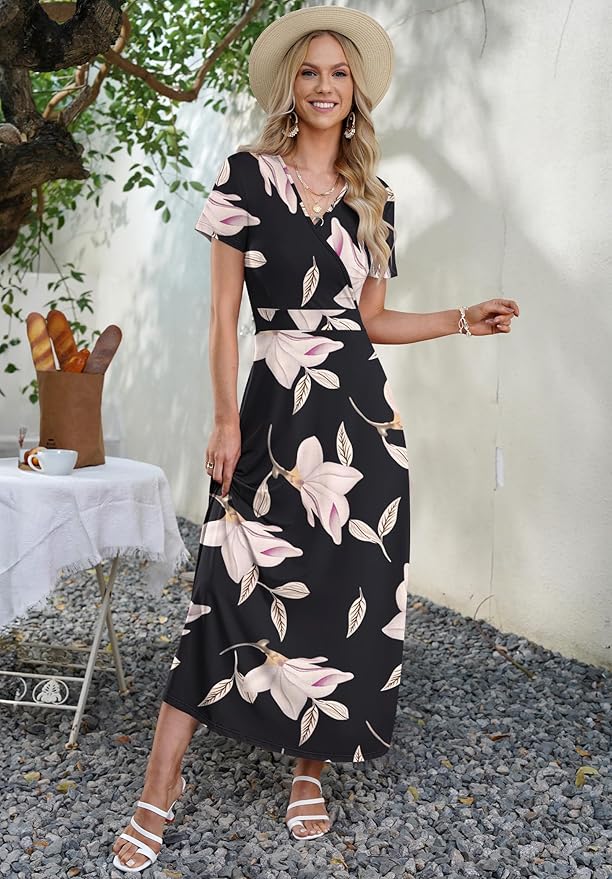AUSELILY Maxi Dresses for Women Ankle Length Floral Print Beach Long Flowy Dress with Pockets
