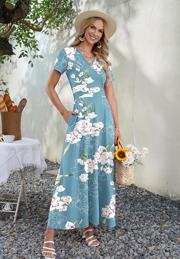 AUSELILY Maxi Dresses for Women Ankle Length Floral Print Beach Long Flowy Dress with Pockets