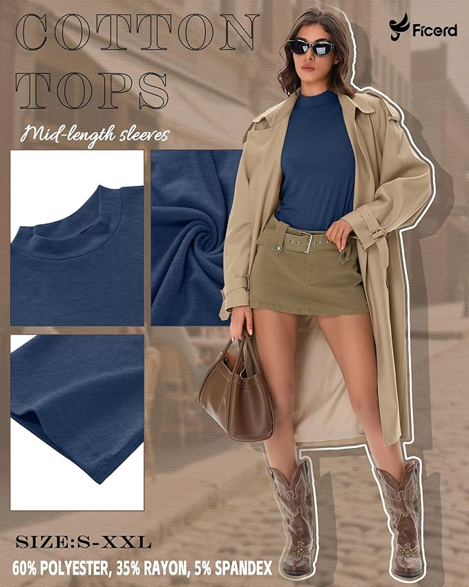 Ficerd 3 Pack Women's 1/2 Sleeve Mock Turtleneck Shirts, Elbow Length Shirt Half Sleeve Tunic Top Casual Summer Basic Tees