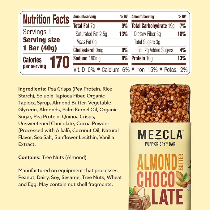 Mezcla Puff Crispy Protein Bars, Gluten Free & Vegan Protein Bars, 10g Protein, Alt for Crispy Rice Treat, Granola Bars & Breakfast Bars, Healthy Snacks for Adults, Almond Butter Chocolate, 12 Pack