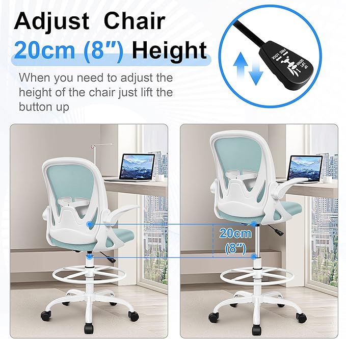 Primy Drafting Chair Tall Office Chair with Flip-up Armrests Executive Ergonomic Computer Standing Desk Chair with Lumbar Support and Adjustable Footrest Ring（Light Blue）