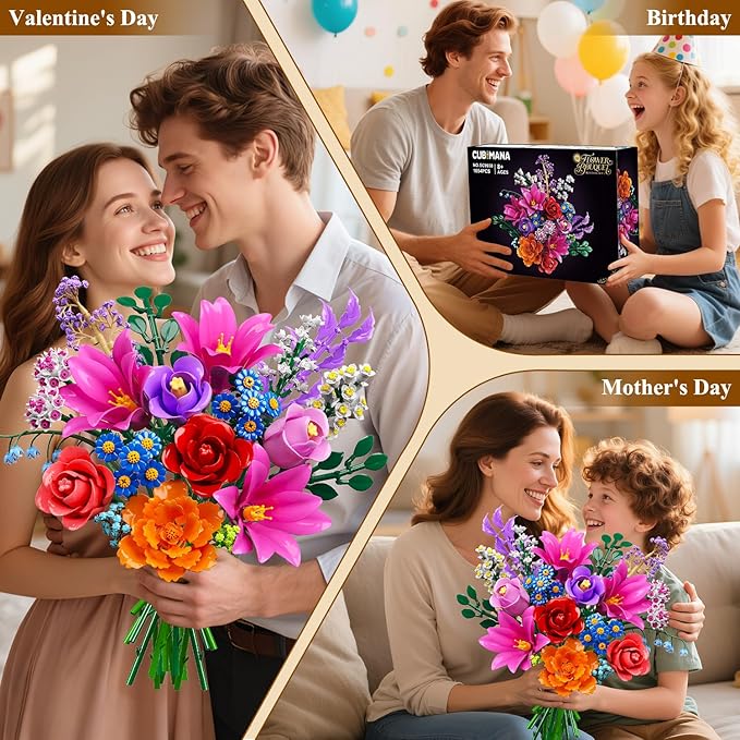 CUBIMANA Valentines Flowers Bouquet Building Set with LED Light, 21 Flower Botanical Collection Block Toy, Rose Lily Home Plant Decor 1054PCS, Gifts for Her Adults Women Mom Kids Girls 12+ (RED)