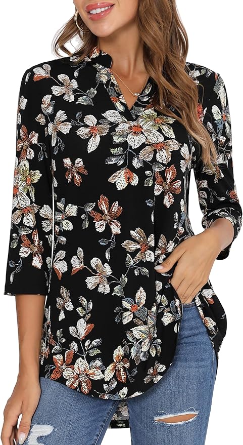 BAISHENGGT 3/4 Sleeve Tops for Women Notch V Neck Floral Work Blouses Dressy Casual Loose Fit Going Out Tunic Tops