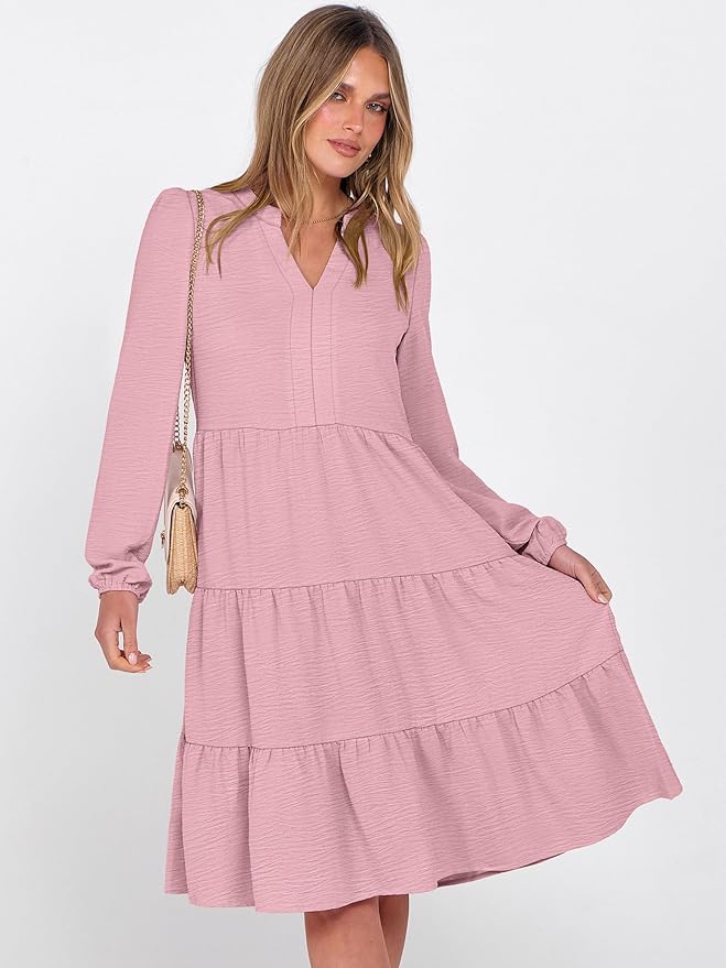 ANRABESS Womens Fall Midi Dresses Long Sleeve V Neck Swing Tiered Work Business Casual 2026 Flowy Beach Vacation Dress