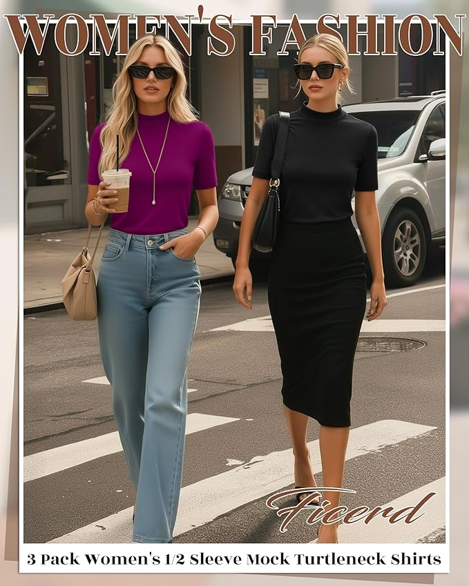 Ficerd 3 Pack Women's 1/2 Sleeve Mock Turtleneck Shirts, Elbow Length Shirt Half Sleeve Tunic Top Casual Summer Basic Tees