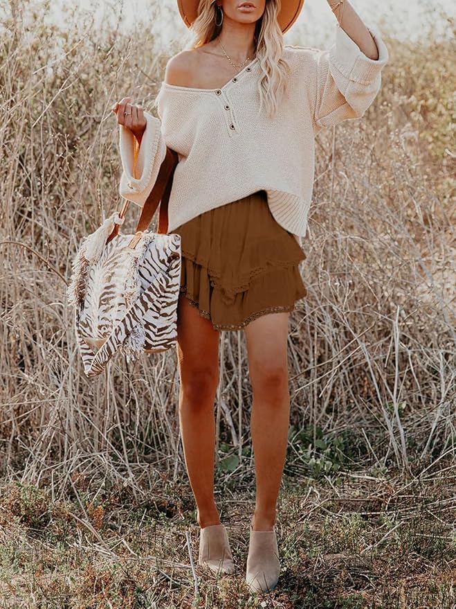 Aoudery Flowy Shorts for Women Casual Boho Ruffle Tiered Skorts High Waist Mini Skirts Golf Tennis Crochet Shorts