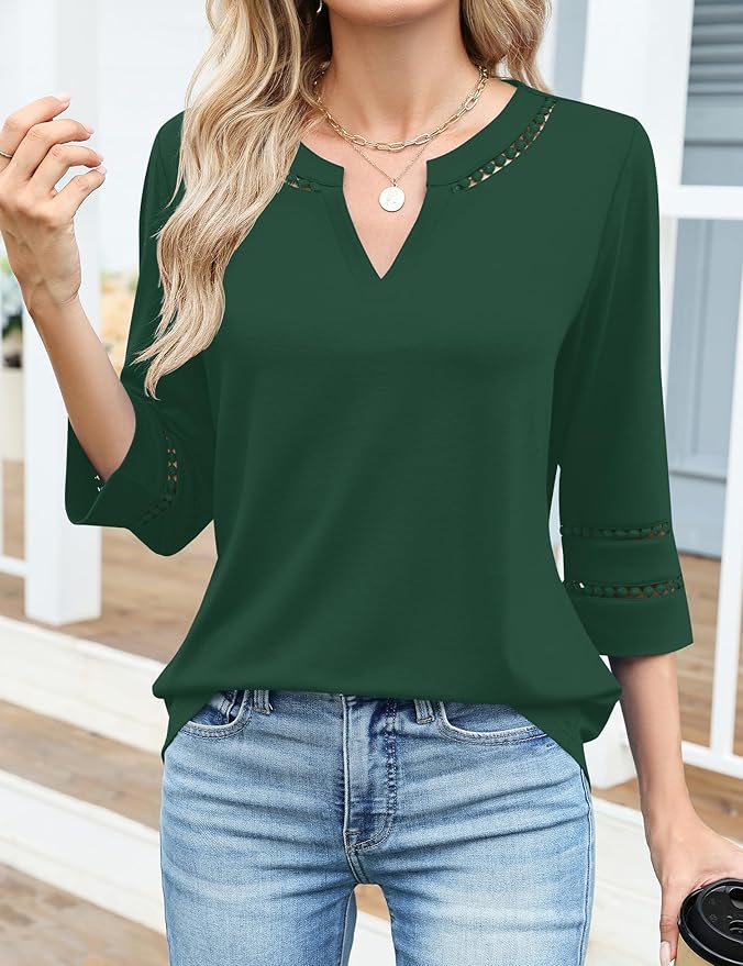 Ivicoer 3/4 Length Sleeve Womens Tops V Neck Lace Embroidered Summer Blouses Loose Fit Tunic Dressy Casual